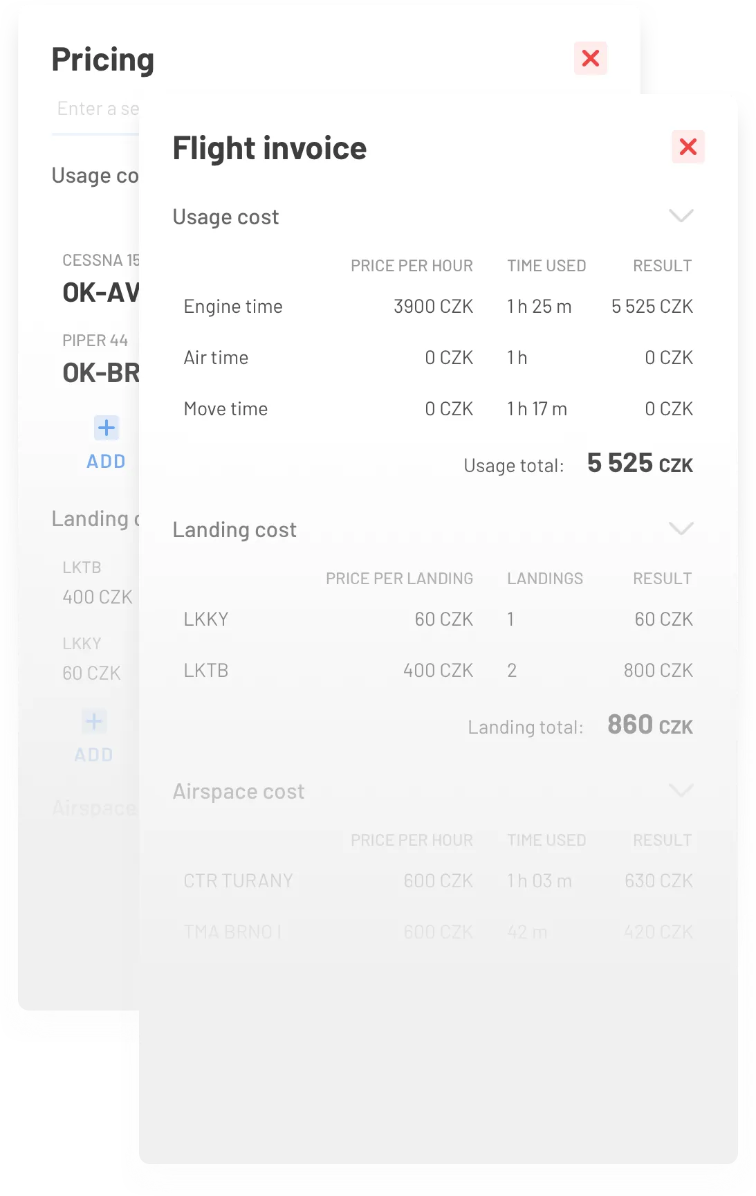A flight invoice. Behind it a pricing component that drives the invoice’s prices.